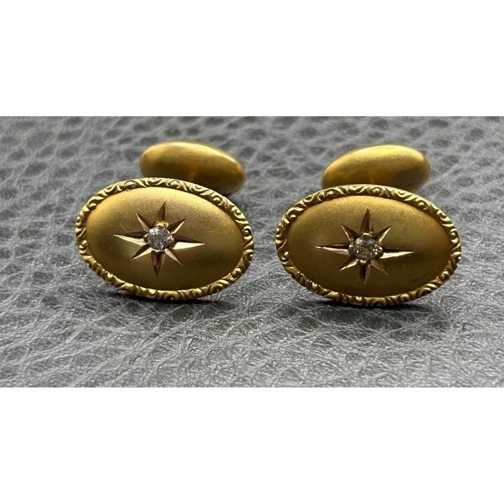 VTG Victorian 14K Solid Yellow Gold Genuine Diamond Star Starburst Cufflinks